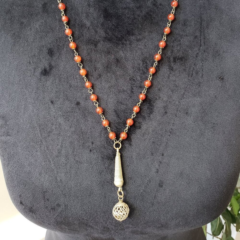 Women Orange Crystal Bead Ball Chain Pendant Necklace Jewelry with Lobster Clasp